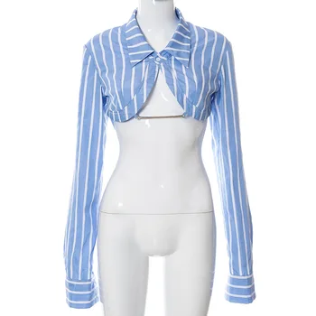 BOOFEENAA Street Style Albastru cu Dungi Camasi pentru Femei 2021 Toamna de Moda Sexy Spate Deschis cu Maneca Lunga Topuri de Cultură Bluza C83-CG15 