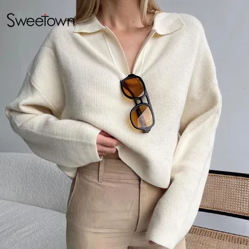 Sweetown Moda Coreeană Solid V Gât Elegant Pulover Pulovere Pentru Femei De Vintage Harajuku Tricotaje Maneca Lunga Iarna Jumperi