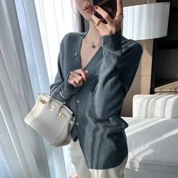 V-neck Single-breasted Cardigan Tricotate Pulover Femei 2021 Toamna Full Sleeve Solid Slim Vintage Chic Pulovere Topuri Femme 