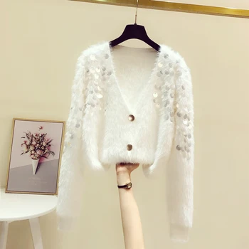 Moda coreeană Paiete Mohair Scurt V-neck Pulover 2022 Toamna și Iarna Nou Design cu Maneci Lungi Temperament Tricotate Cardigan 