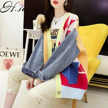 HSA 2021 Femei Denim Iarna Pulover Cardigan Stil coreean Argyle Sweater Poncho Mozaic Supradimensionate sacou tricot cardigan chimono 