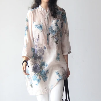 Lenjerie De Pat Din Bumbac Tricouri Femei Vintage Print Floral Bluze Casual, Topuri Largi De Sex Feminin Camasa Cu Maneca Lunga Blusas Tunica Stil Chinezesc 