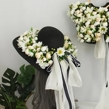 Manual țesute sac de designer de lux de flori sac de paie pentru femei de moda negru pălărie de soare set de sac de voiaj geantă de mână sac de Plajă de Vacanță