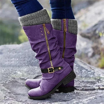 Cizme pentru femei de Moda Femei Toamna Iarna Casual Cald Cizme Lungi Cizme Înalte Tocuri Joase Fermoar Cald Confortabil Pantofi Plus Dimensiune 