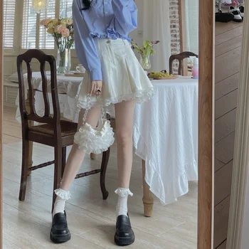 HOUZHOU Kawaii Fusta Plisata Femei Dulce Mozaic Stil Preppy Mini Tricouri Albe Ruffls Fairycore 2021 Moda Streetwear