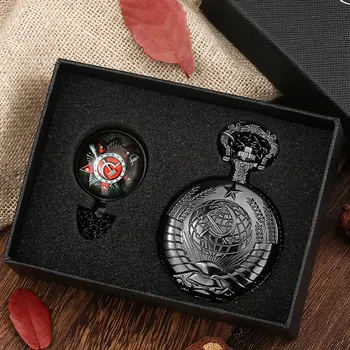 Steampunk Ceas de Buzunar Bărbați Vintage Negru CCCP Cuarț Ceas de Buzunar Rafinat Sovietice Insigna Pandantiv Colier cu Lanț de Cadouri cu Cutie 