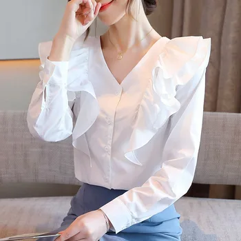 Culoare solidă franceză Elegante, Topuri pentru Femei de Moda Catarama Toate-meci Șifon Bluza Toamna anului Nou cu Maneci Lungi V-neck Ruffle Bluza 11129