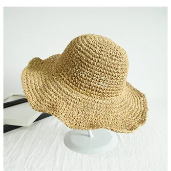 Femeile de Vară, Pălării de Soare Lenjerie de pat din Bumbac Pliabil Pălărie de Paie pentru Femei Excursie de Vară Parasolar Vacanță Pălărie Rece pe Litoral Plaja Hat 