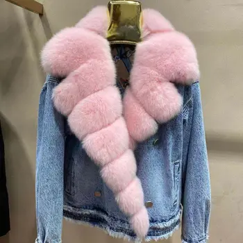 FURSARCA Real Vulpe Guler de Blană de Moda pentru Femei Jacheta Denim 2021 Brand Nou de Înaltă Calitate Casual Street Gros de Îmbrăcăminte exterioară Cald 