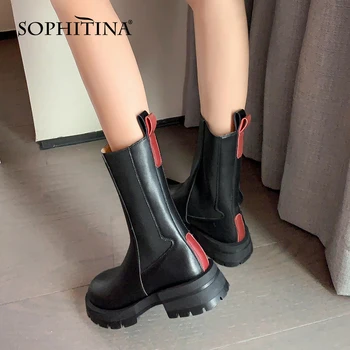 SOPHITINA Femei Cizme Jumătatea vițel de Inalta Calitate Culoare Blocarea Toc Gros Pantofi Slip-On Stradă de Moda de zi cu Zi Femei Cizme HO630 