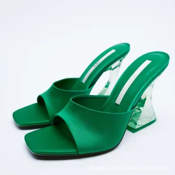 Plus Dimensiune 2021 mai Recente de Vară pentru Femei Pantofi Verde Mătăsos Bandă Largă Transparent cu Toc Sandale Confortabile Sandalias De Mujer 