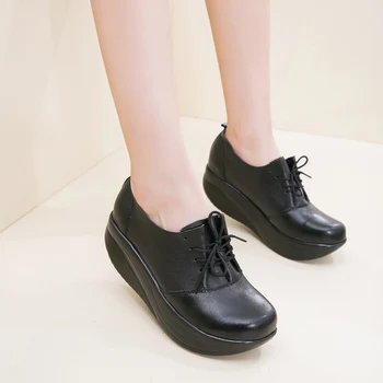 GKTINOO Nouă Femei din Piele Pantofi Platforma Wedges Black Lady Pantofi Casual Leagăn Dantelă Sus Tocuri de Pantofi Plus Dimensiune 34-43 