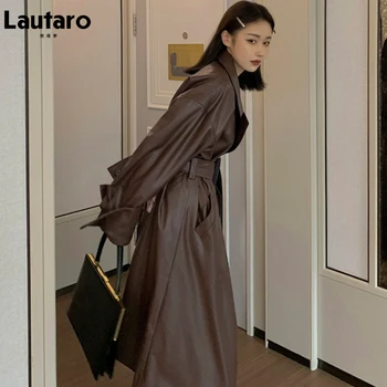 Lautaro Toamnă Lungă Supradimensionate Brown Faux din Piele Trench pentru Femei Curea Pista Elegant Vrac Stil European Moda 2022 