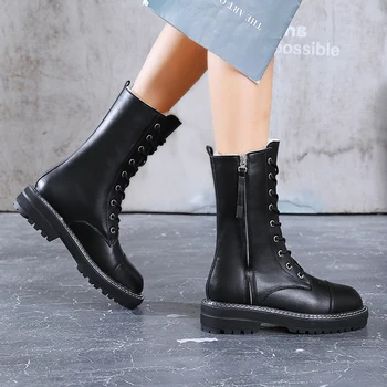 Papuceii 2021 NOUA Moda pentru Femei Ghete FETE Zăpadă Cizme din Piele PU Fermoar Lateral Non-alunecare Pantofi de Cald Pluș Interior Dantela-upBlack 