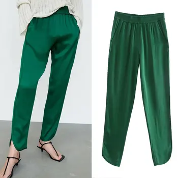 Pantaloni femei 2021 Modă de culoare Solidă de Mătase satin textura Casual Mare Elastic talie Pantaloni Haine de sex Feminin Split furculita Pantaloni 