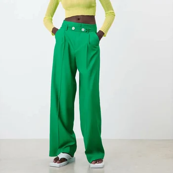 Za Femei 2021 Noua Moda Chic Verde Butoane Cu centura de Pantaloni Largi picior de Epocă Talie Înaltă, Buzunare Laterale de sex Feminin Pantaloni Mujer 