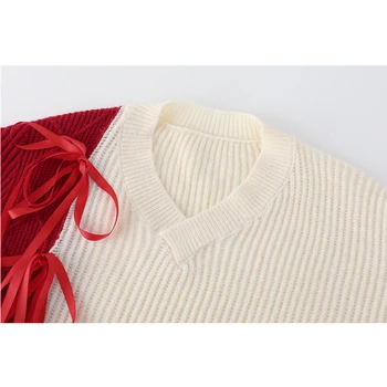 Pulover tricotat pentru Femei Nou Toamna Iarna Cravată de Proiectare Bowknot Roșu Caise Culoare de Contrast Împletit cu maneca Lunga Topuri de sex Feminin Exterior 