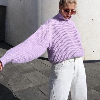 Guler Tricot Pulovere Pulover Vintage Femei Felinar Maneca Vrac Moda Casual Violet Topuri Streetwear Doamna Eleganta De Iarna 