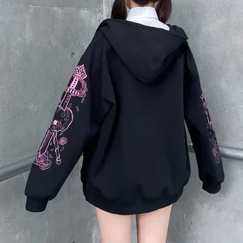 Noi Punk Grafice Imprimate Hoodies Femei Vintage Negru cu Fermoar Panglică Supradimensionat Tricou Femei 90 Harajuku Streetwear Sacou 