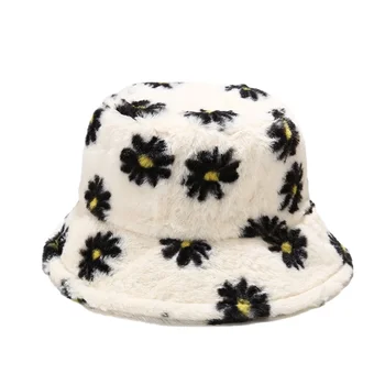 Iarna Găleată Pălării pentru Femei Caldă de Flori de Imprimare Panama Pălărie de Moda Bob Chapeau Blana de Iepure Moale Pescar Capac 