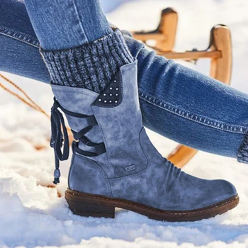 Femei la Jumătatea Vițel Cizme de Zapada 2021 Iarna Casual Turma Doamna de Moda etnice Pantofi Confort Non-alunecare Cald cu Fermoar Dantela-up Încălțăminte 2021 