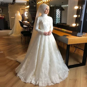 Islamic Fildeș Dantela Plin Perle Musulman Rochie De Mireasa Un Gât Înalt Maneca Lunga Hijab Rochie De Mireasa Elegant Vestidos De Novia 2020 