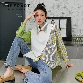 CHEERART Designer de Bloc de Culoare Carouri cu Dungi Camasi 2021 Tendință de Moda pentru Femei cu Maneci Lungi de Sus Și Bluza Tricou coreeană