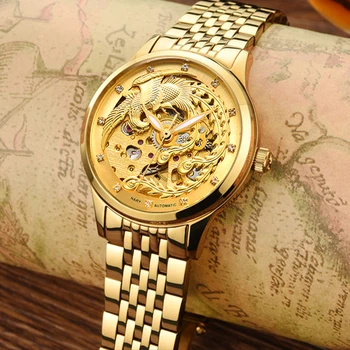 Stil Chinezesc Phoenix Ceas Pentru Femei De Aur Ceasuri Mecanice Din Oțel Inoxidabil Automate Mecanice, Ceasuri De Mana Femei Reloj Mujer