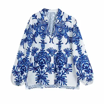 Nlzgmsj Za Femei 2021 Bluze Camasi Pentru Femei Vintage Blue Print Floral Camasi Casual, Birou De Moda Doamnelor Bluza 202106 