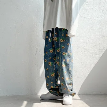 Floarea-Soarelui Tipărite Blugi Barbati Harajuku Liber Vintage Denim Pantaloni Barbati Casual Streetwear Direct Spălat Pantaloni Câțiva Alergători 