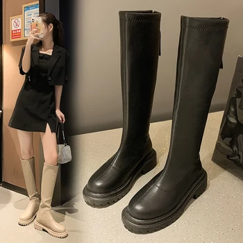 2022 Iarna Pentru Femei Brand Slim Cizme Genunchi Ridicat Lux Chelsea Indesata Pantofi Platforma Cu Fermoar Rotund Toe Botines De Mujer 