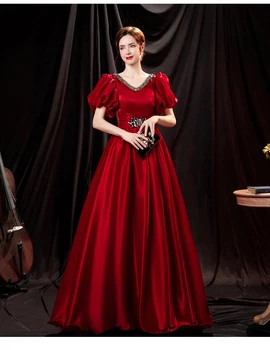 SSYFashion Nou de Lux Satin Roșu Seara Rochie de Printesa Vintage V-neck mâneci O-linie Conservatie Lung de Bal Formale Rochie pentru Femei