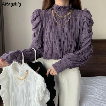 Maneca lunga Bluze Femei coreene Șic Lanț Moda Streetwear Haine de Epocă Simplu Solid Primavara Toamna Design Elegant Y2K Topuri 