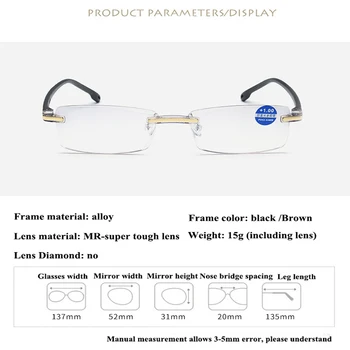 2018 Nou Anti-Blu-ray ochelari de Citit Diamant Tăiere Metal fără ramă de ochelari de citit, Ochelari de +1.5 2.0 2.5 