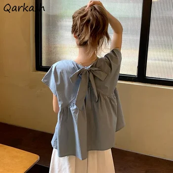 Bluze Femei Vrac Prieten Ins Solid Casual de Vara Estetice Spate-bandaj Design Elegant Moale Blusas Streetwear Preppy coreeană 