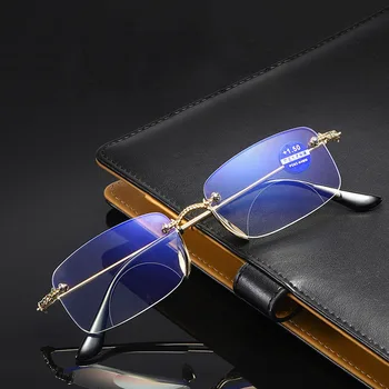 La modă Anti-albastru Bifocale Ochelari de Citit Lentile Multifocale Progresive Fara rama Cadru Metalic Plat Ochelari Ochelari de Citit 