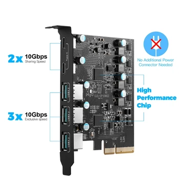 Super Rapid PCIe la USB 3.2 Gen 2 Card de Expansiune 20Gb 5-Port (3X USB-O -2X USB-C) 85DD 