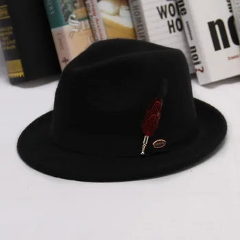 Omul Clasic Trilby Pălării Simțit Pălărie de Epocă Fedora Pălărie cu Pene Metalice & Band în aer liber, Biserica Partid Capac Negru