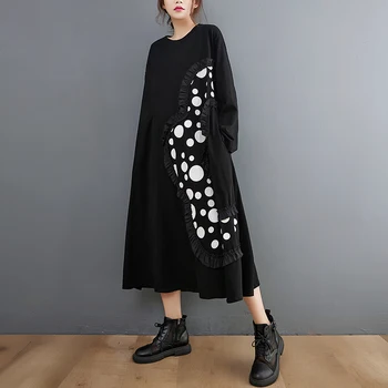 Bumbac Negru Vintage Cu Buline Rochii Pentru Femei Cu Maneci Lungi Largi Casual Rochie Lunga De Moda Haine Elegante De Primavara Toamna Anului 2021 