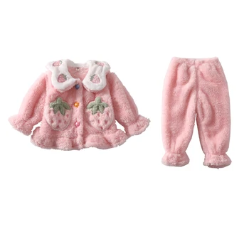 Fată Copil Drăguț Pijama Set De Desene Animate Capsuni Moale Cald Sleepwear Toamna Iarna Fete Fleece Coral 2-O Bucata Costum 
