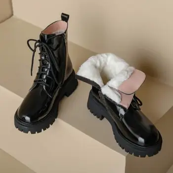 RIZABINA Noi Femei Pantofi de Iarnă de Brevet Real din Piele Groasă de Blană, Cizme Glezna Femeie de Moda Ins Cald Cizme Încălțăminte Mărimea 34-42 
