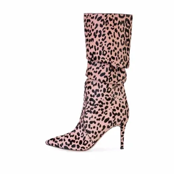 Moda Leopard Genunchi Cizme Tocuri Subtiri de Mare Deget a Subliniat Doamnelor Cizme Lungi de Iarnă Caldă de Mari dimensiuni Pantofi 2019 Hotsale Petrecere de Moda