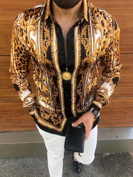 Noi de imprimare Tricou de Lux, Aur Galben Leopard Imbracaminte Barbati Vrac Maneca Lunga Camasa Topuri Homme Sociale Bărbați Club Bal Tricou M-3XL 