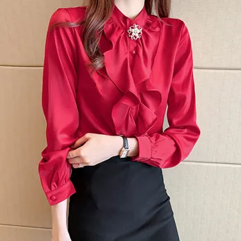 Coreea de Mătase pentru Femei Bluze Femei Satin Bluza Volane Doamnelor Cămașă de Mătase Femeie ștrasuri din Mărgele Bluza Top Plus Dimensiune Camasi Albe pentru Femei 