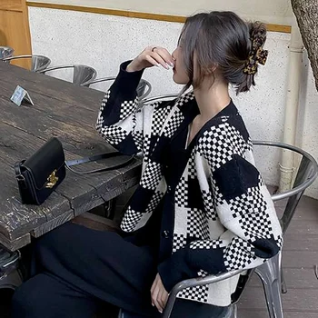 Pulovere Femei Carouri V-Neck Maneca Lunga Tricotat Trunchiate Feminino Cardigan neajutat Stil coreean Confortabil Blând Moda 