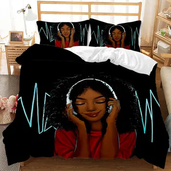 Afro-American Negru Fata Magic lenjerie de Pat Full Size Fetele Iubesc Muzica Parul Mov Carpetă Acopere Set pentru Femei, Copii, Adolescenti, lenjerie de pat
