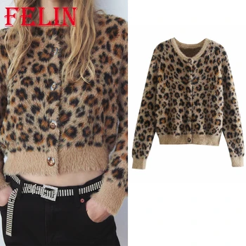 FELIN Za 2021 Epocă Leopard Faux Blana pentru Femei Jachete cu Maneci Lungi Gât O Singur Buton Jachete de Moda Tricotate Femei Haine 