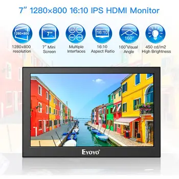 Eyoyo EM07H 7 Inch Mini IPS 1280x800 LCD Monitor PC, Ecran de Computer HDMI Securitate industrială Ecran Cu VGA AV BNC 