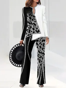 De Primăvară De Moda Pentru Femei Despicare Două Seturi De Piese Elegant Pulover Topuri + Pantaloni Largi Picior Costume Populare Leopard De Imprimare Doamna Utilaje 