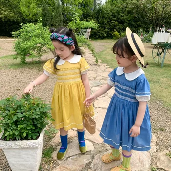 Fetițele Smocked Rochii Copii Albastru Galben Brodat-O singură Bucată Fete Fumatului Manual Rochie cu Guler de Îmbrăcăminte pentru Copii 